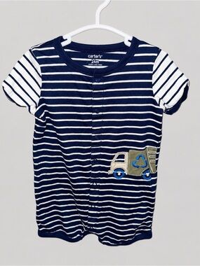 Carter’s 24M Navy White Striped Recycling Truck Short Sleeve Romper
